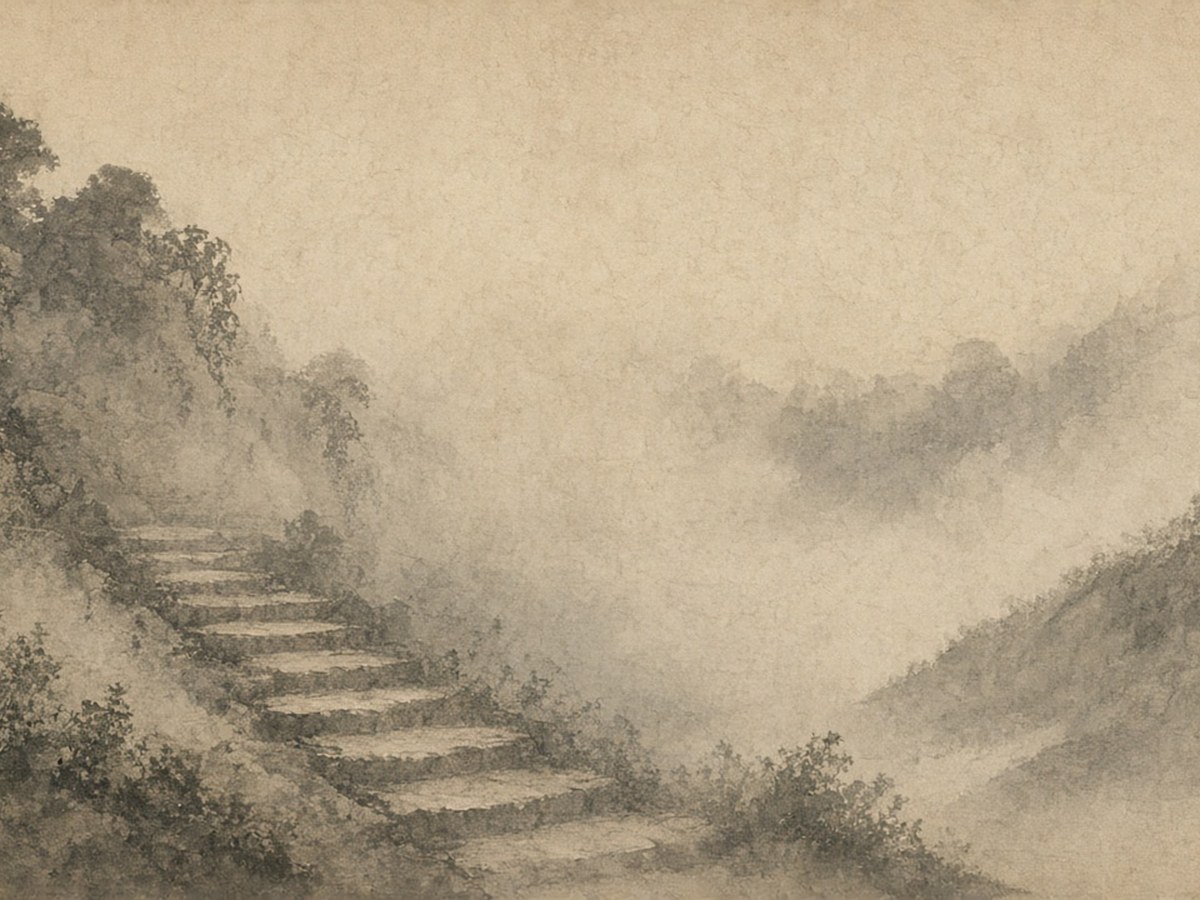 Empty path settling into a shaded hollow — the low place Chapter 8 praises