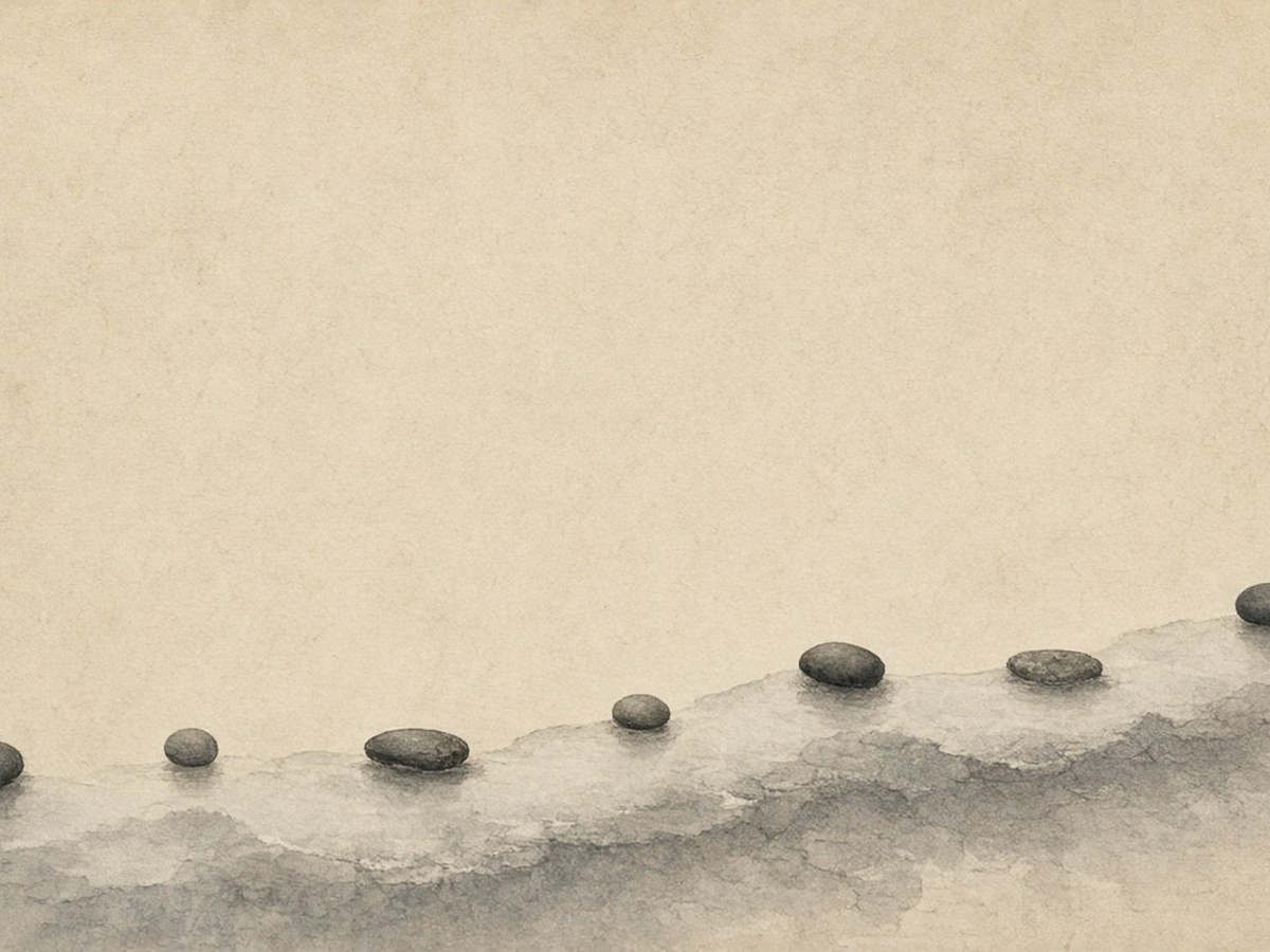 Seven quiet marks along a soft water edge — dwelling, mind, gift, speech, order, work, timing