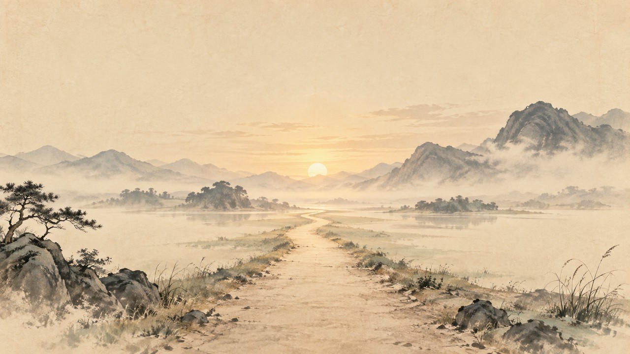 Empty dawn path leading into soft first light — the Tao that cannot be finished in speech