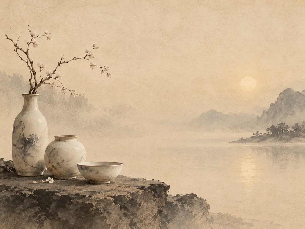 Quiet pale vessels on a rock ledge beside open misty hollow — nameless and named held together