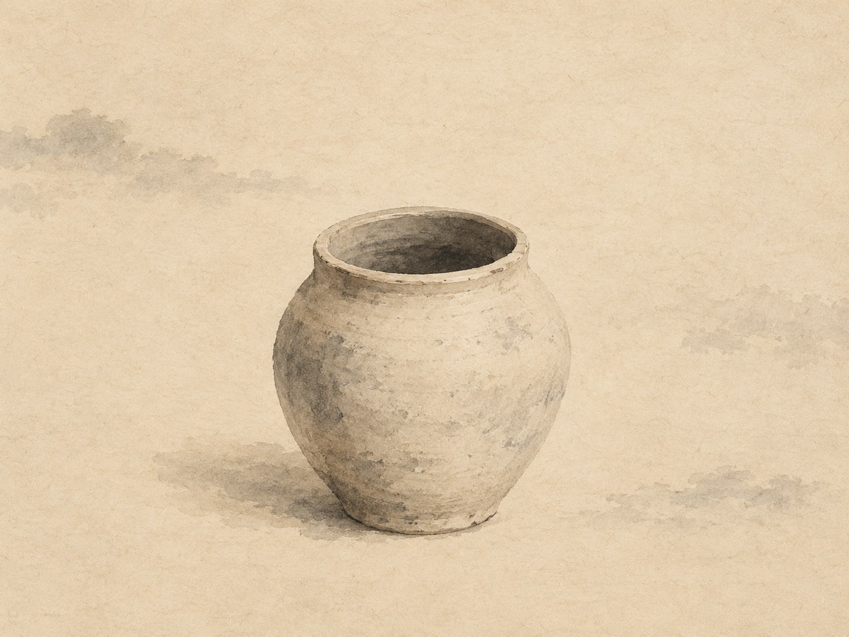 Quiet clay vessel on parchment with open hollow interior — emptiness that makes the vessel useful