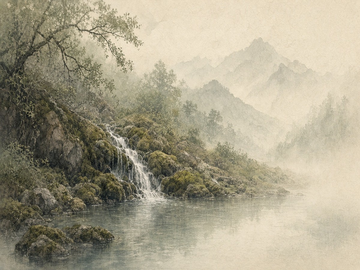 A clear spring trickling over stones into a still pool in a mountain glade, with no path, sign, or fence — the great Way before decline