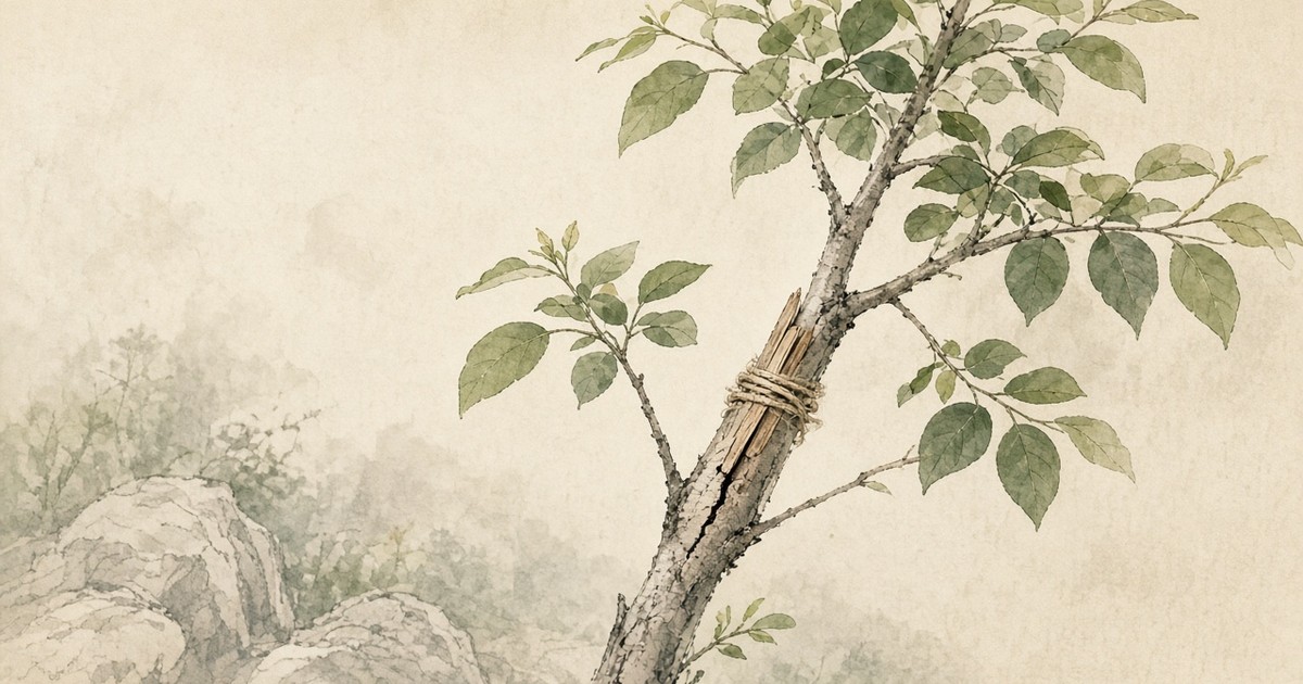 A small wooden splint bound around a cracked trunk of a young tree in a quiet garden — when the great Way declines, named virtues appear