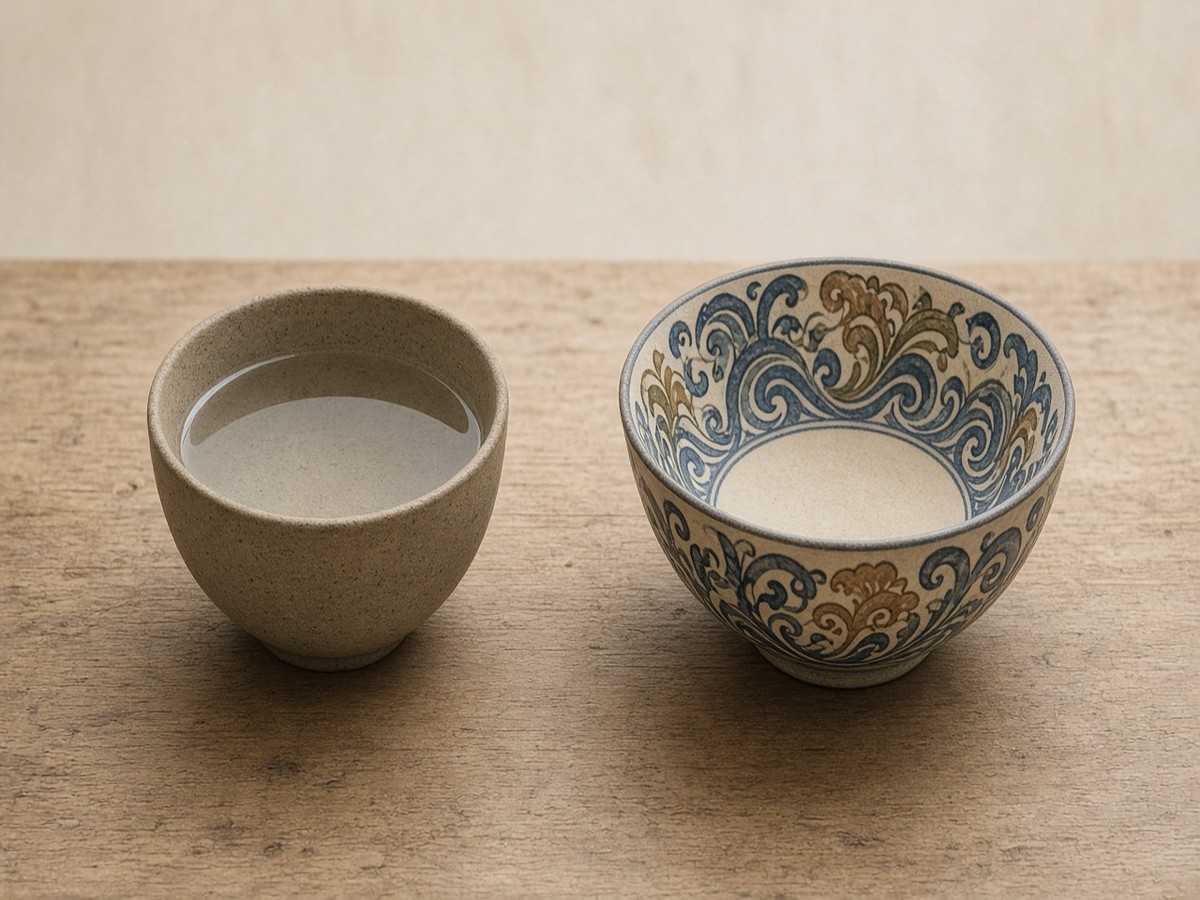 Two ceramic bowls on a plain table, one simple and full of water, one ornately painted and empty — when cleverness appears, great hypocrisy follows
