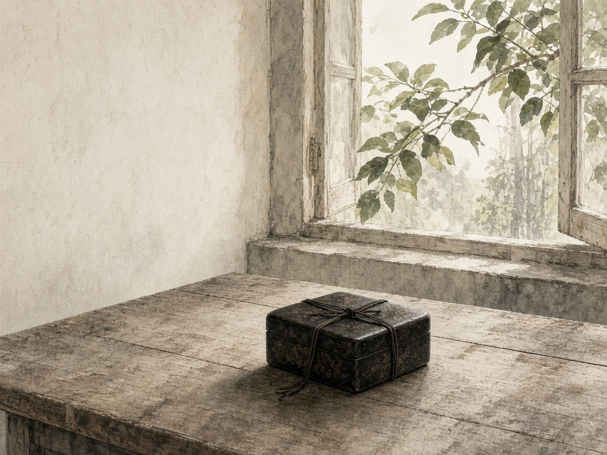 A tied cord on a closed lacquer box near an open window, left untouched — used only when unavoidable, with calm restraint