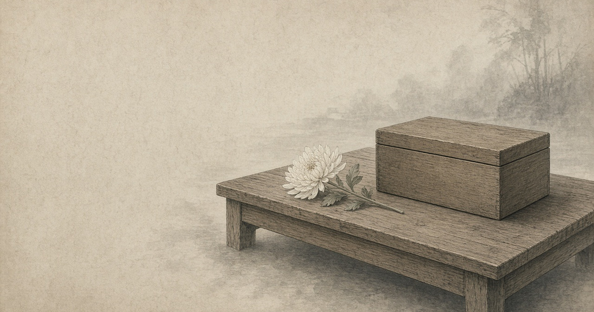 A closed plain wooden case set aside on a low table beside one white flower — force kept as an instrument of ill omen