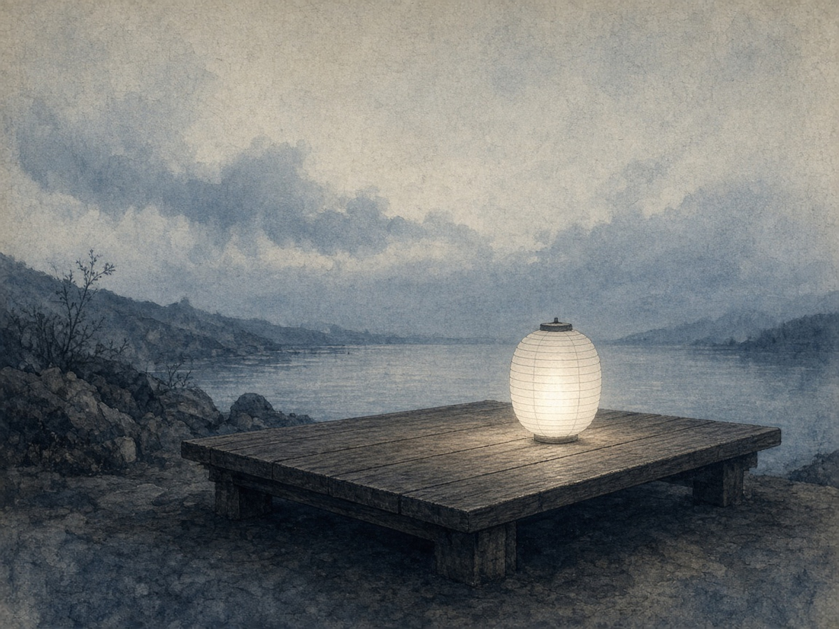 A single white paper lantern lit on an empty table at dusk — even a victory met with the rites of mourning