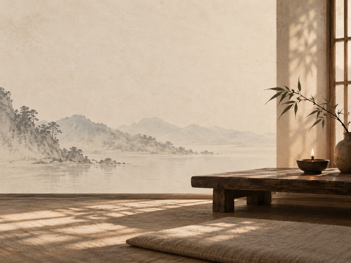 Quiet lamp beside an uncluttered resting place on parchment — contentment as wealth, not restless gain