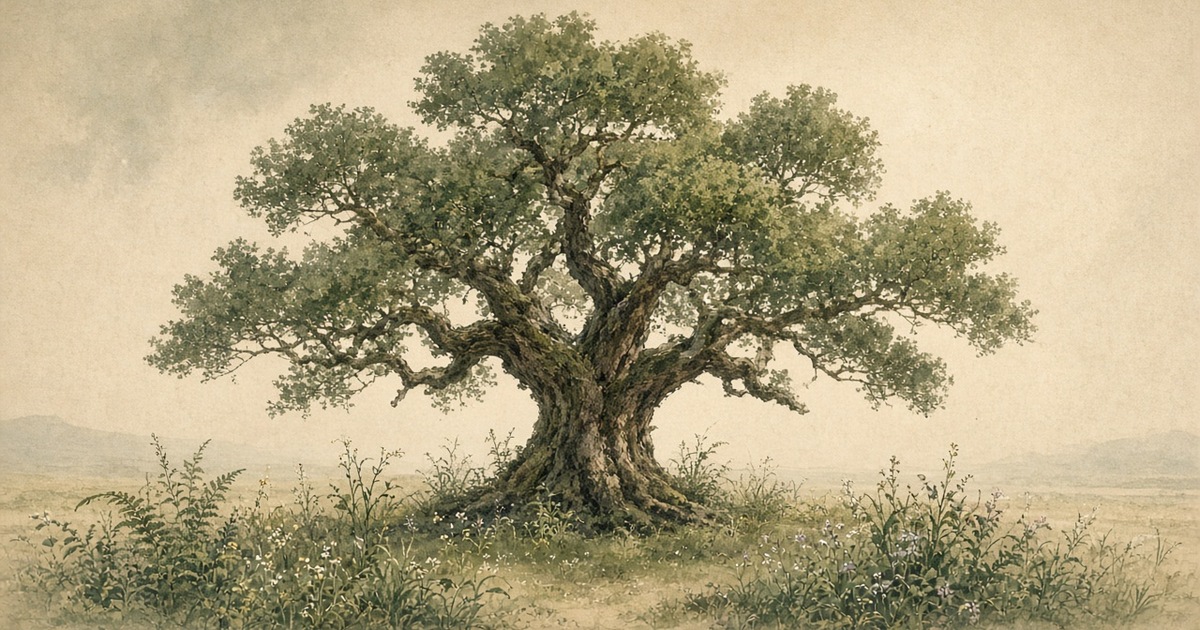 An old tree's wide canopy sheltering many small plants beneath it, with no fence or marker — supporting all things without claiming them