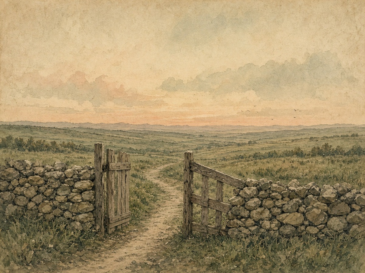 An open, unlatched wooden gate in a low stone wall at dusk, a path running on into wide fields — great because it never considers itself great