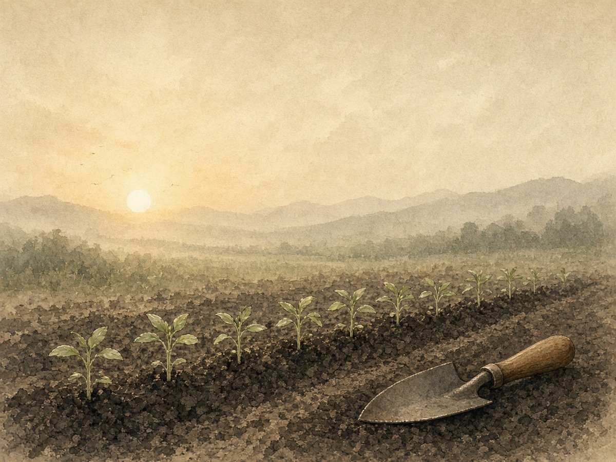 A small wooden trowel set down beside a row of young seedlings at dawn, no one in sight — the work done, no credit claimed