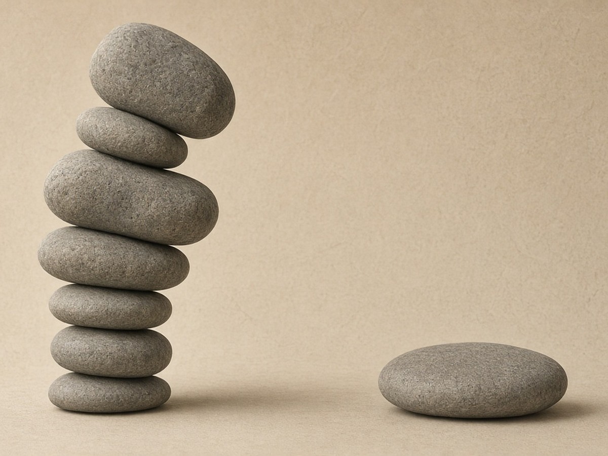 A tall stack of heavy stones leaning while a single low stone rests steadily beside it — diminished by being added to