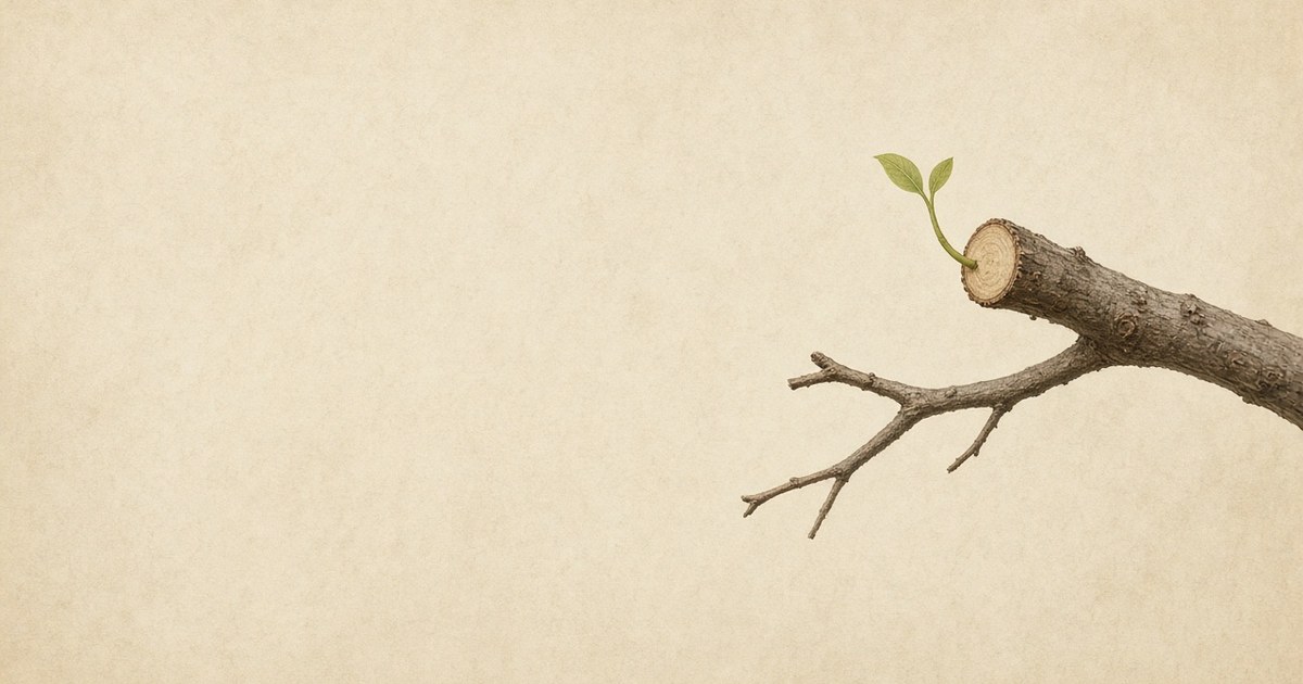 A pruned branch with one fresh shoot growing from the cut — things are added to by being diminished