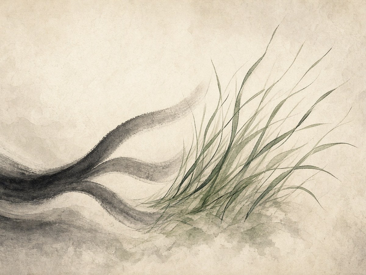 One ink stroke dividing into two, then three, then a field of grasses — an unfolding, not a code