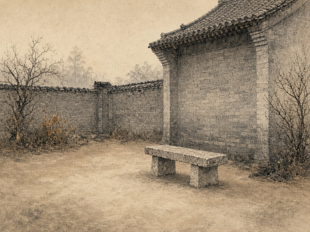 A quiet courtyard at dawn with a single unadorned stone bench and swept earth, no one present, soft even light — clarity and stillness as the world's standard