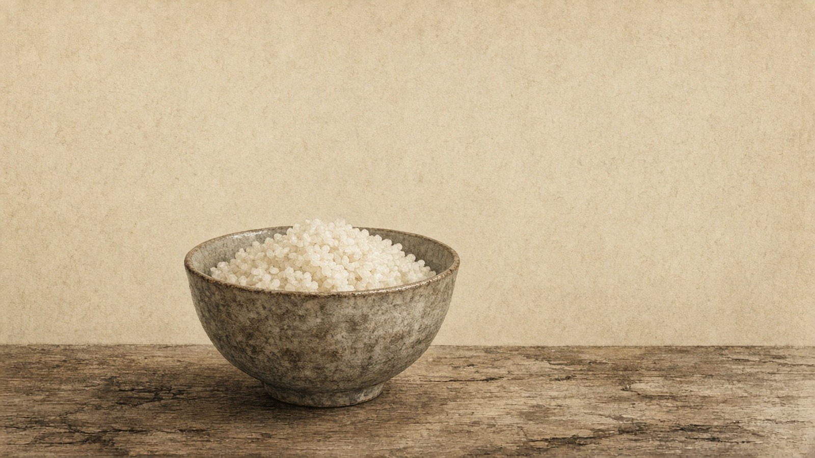 A plain, slightly uneven handmade clay bowl in daily use on a worn wooden table, its glaze imperfect — great perfection that seems flawed yet never wears out