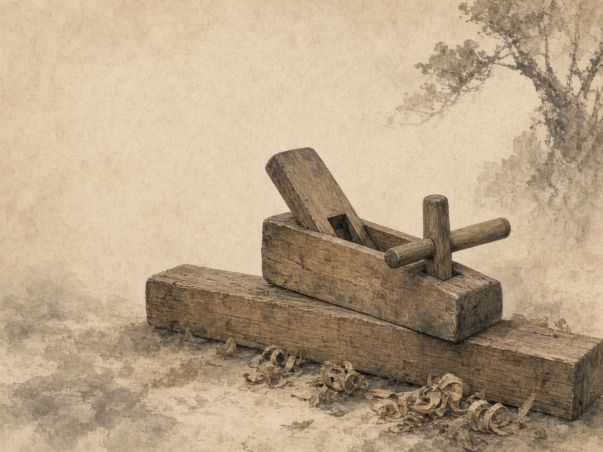 An old carpenter's hand plane resting on a long, true wooden beam with a few curled shavings, the tool weathered by years of use — great skill that seems clumsy