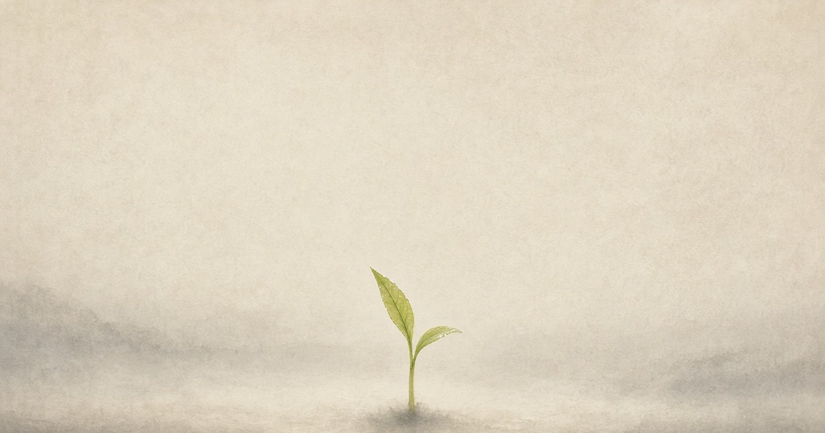 A tender shoot standing soft yet upright in quiet dawn light — thick virtue like a newborn, unforced