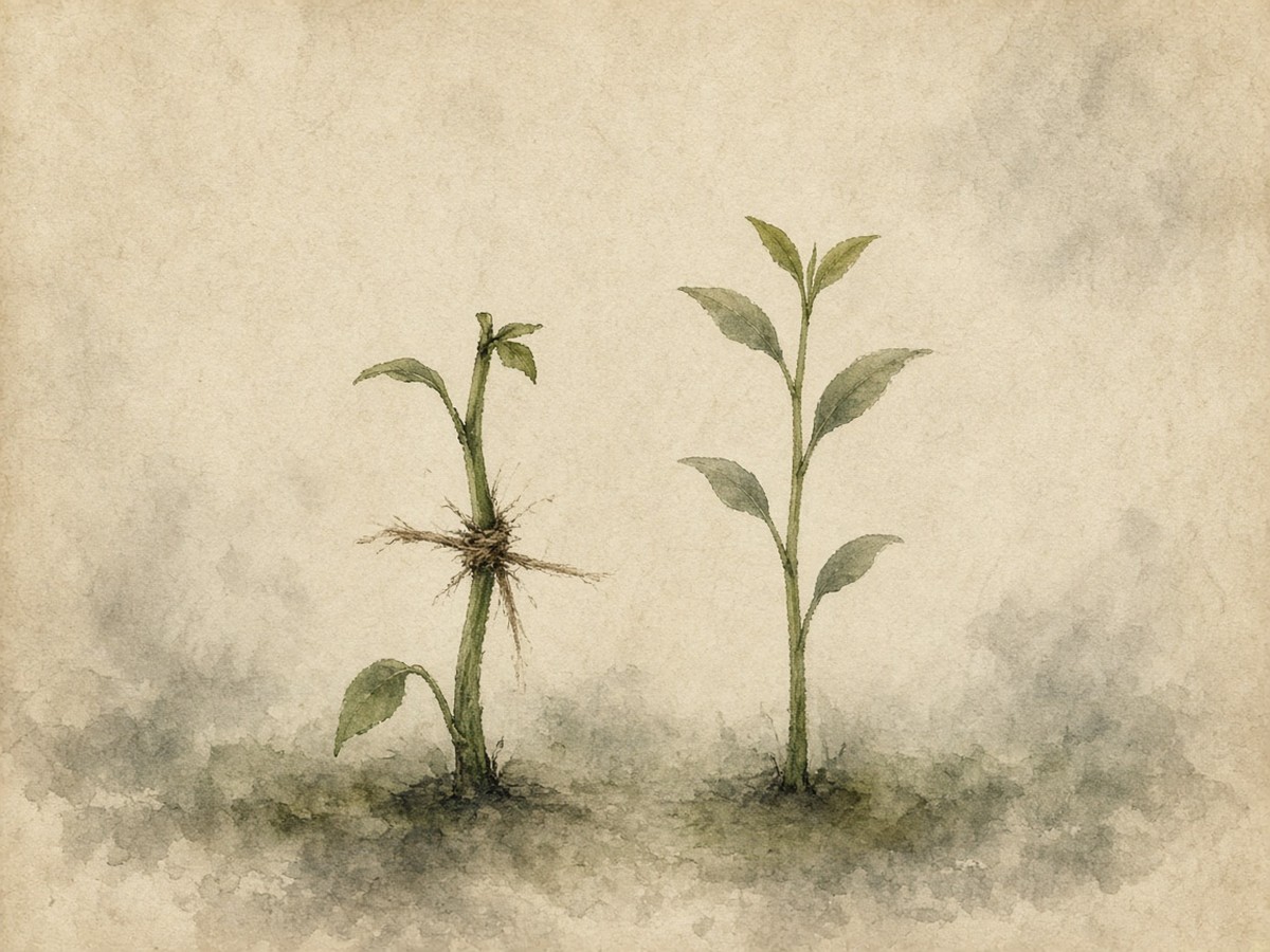 An over-tied stem fraying beside a soft upright shoot — forcing growth ends early
