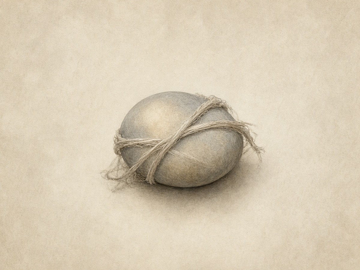 Soft cords holding a stone firmly without strain — bones weak, sinews soft, grip still sure