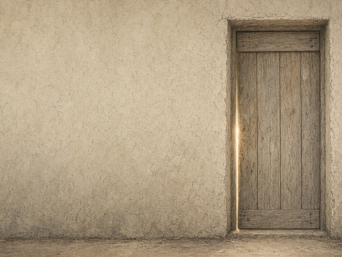 A wooden door gently closed in a plain earthen wall, soft light along its edge — block the passages, shut the doors