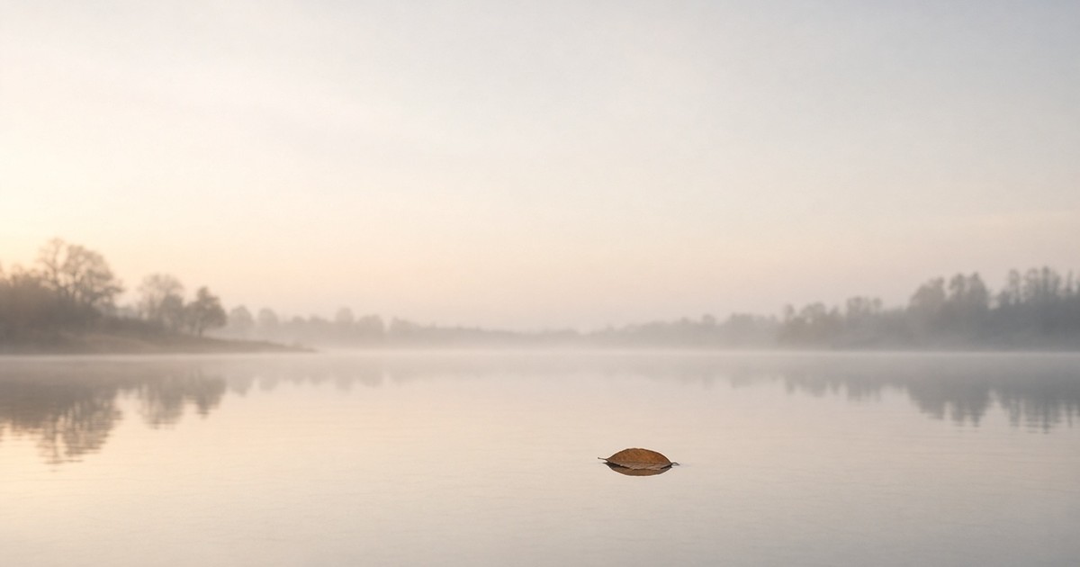A still pond at dawn with one fallen leaf resting on the water, no ripples spreading — those who know do not speak