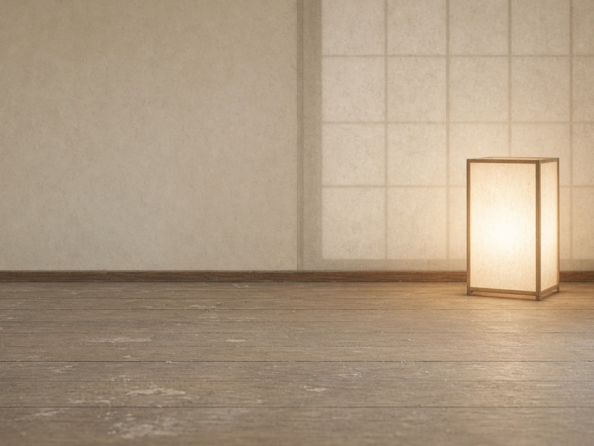 A small lamp glowing softly behind rice paper on a dusty wooden floor — soften the glare, merge with the dust