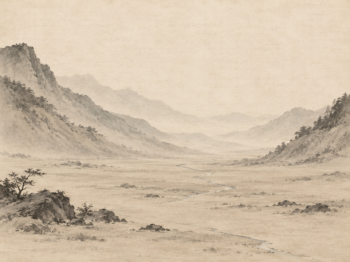 Faint unbroken thread of water through an empty valley — continuous, subtle, it seems to exist