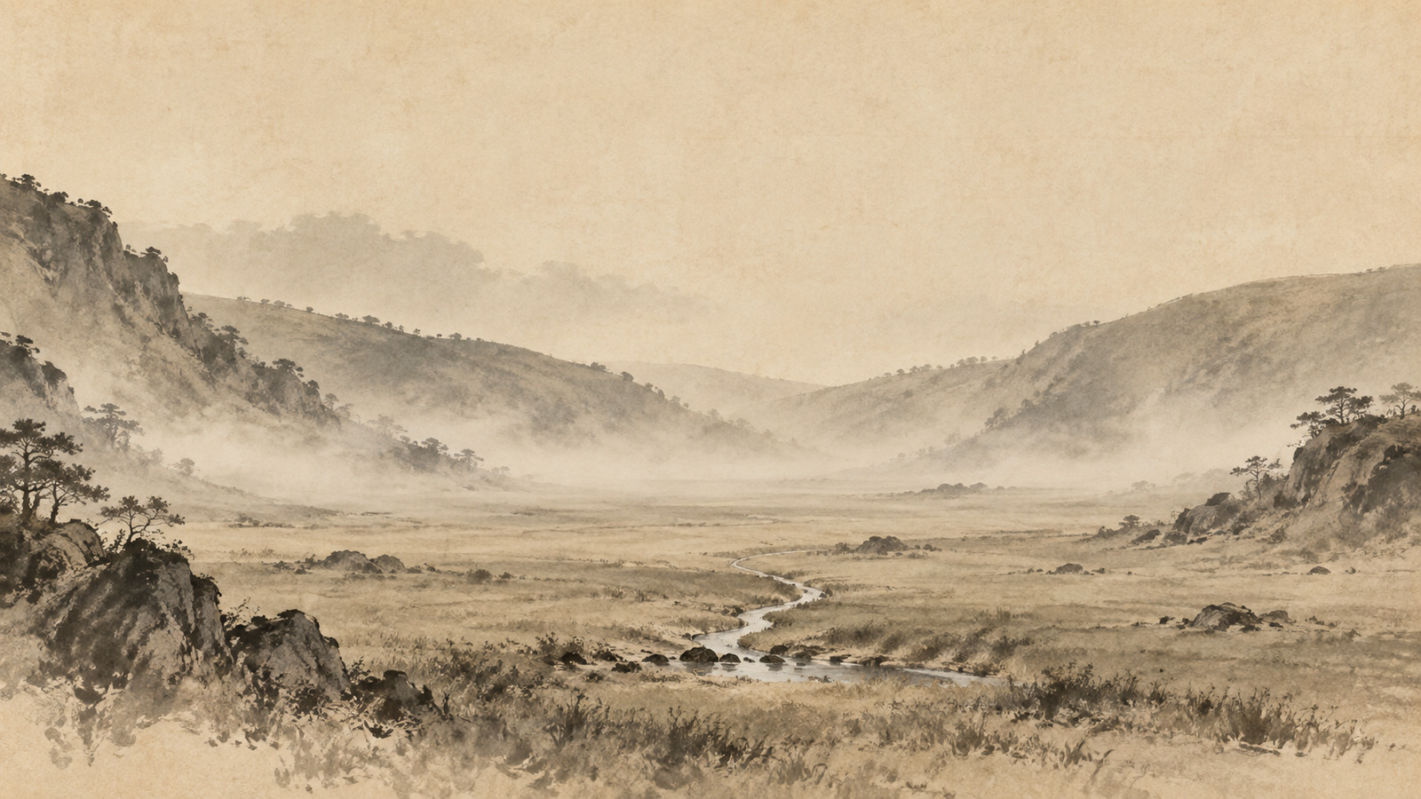 Empty valley floor with a thin source of water — the valley spirit as an open source, not a peak