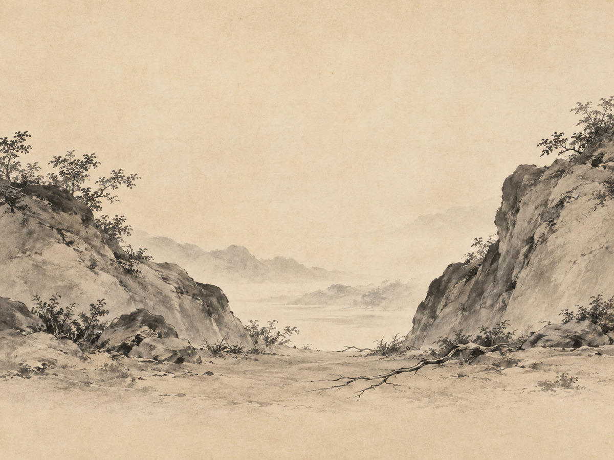 Valley mouth where sky meets earth, a quiet root at the threshold — the gate called the root