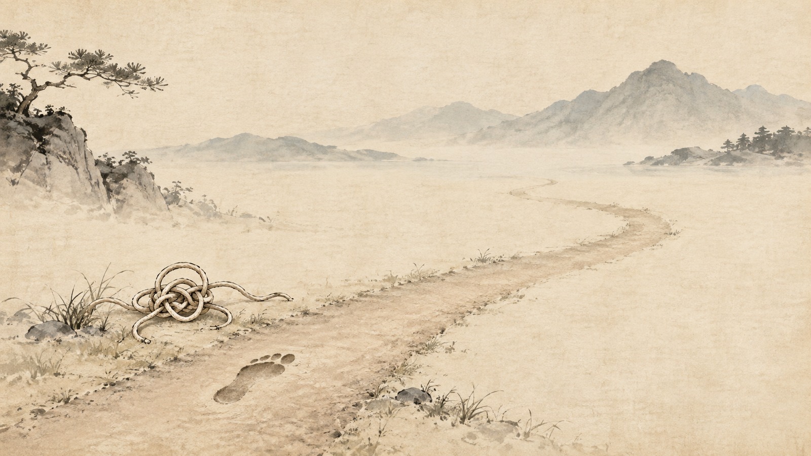 Quiet first step on a soft path beside an unfinished knot — plan the difficult while it is easy