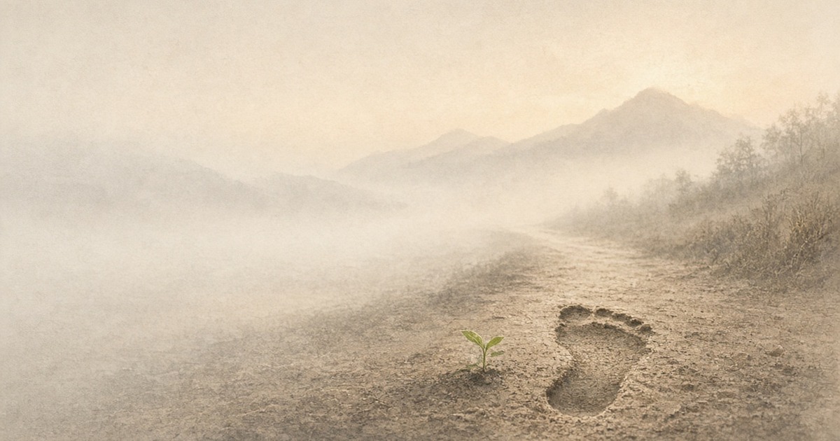 A pale seedling and one first footprint on a quiet path — a journey begins beneath your feet