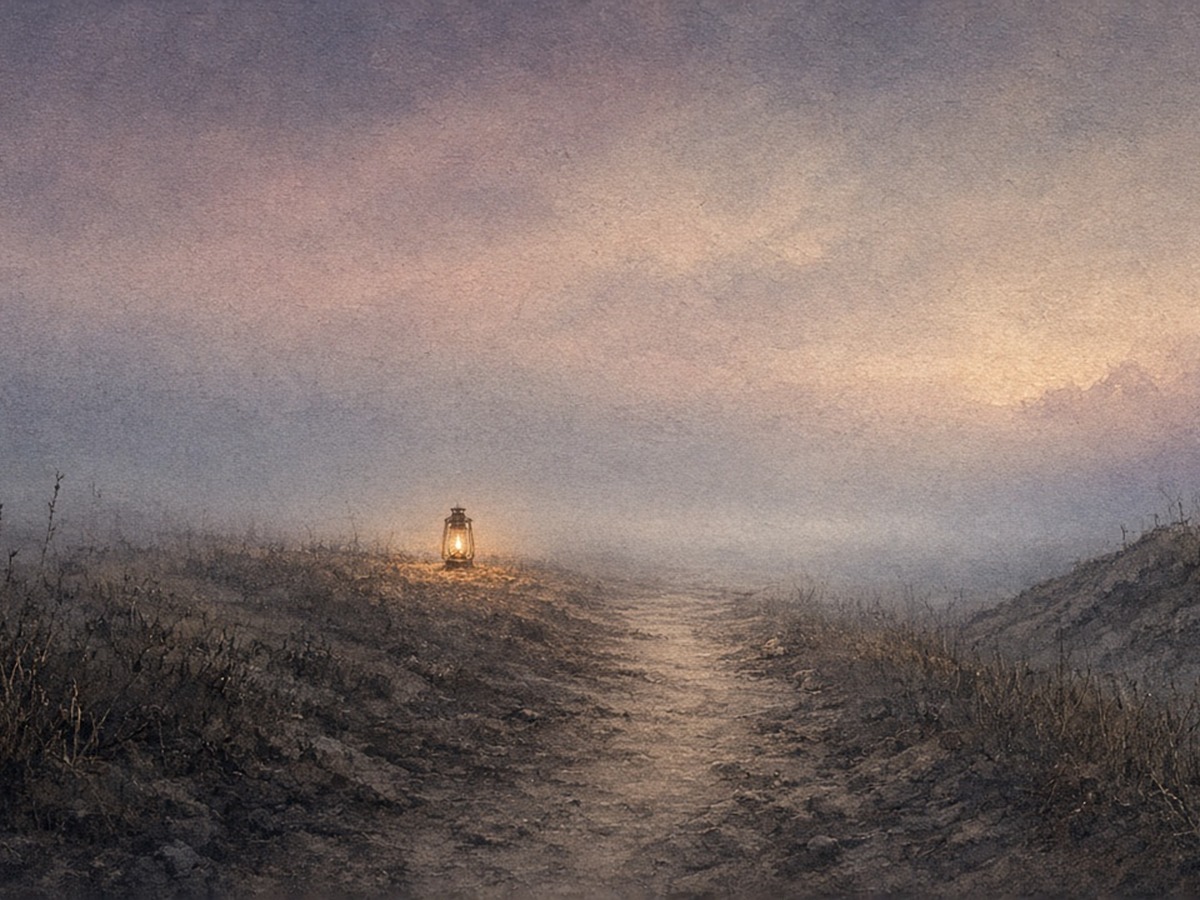 An unfinished path near its last stretch, one steady lamp still lit — careful at the end as at the start