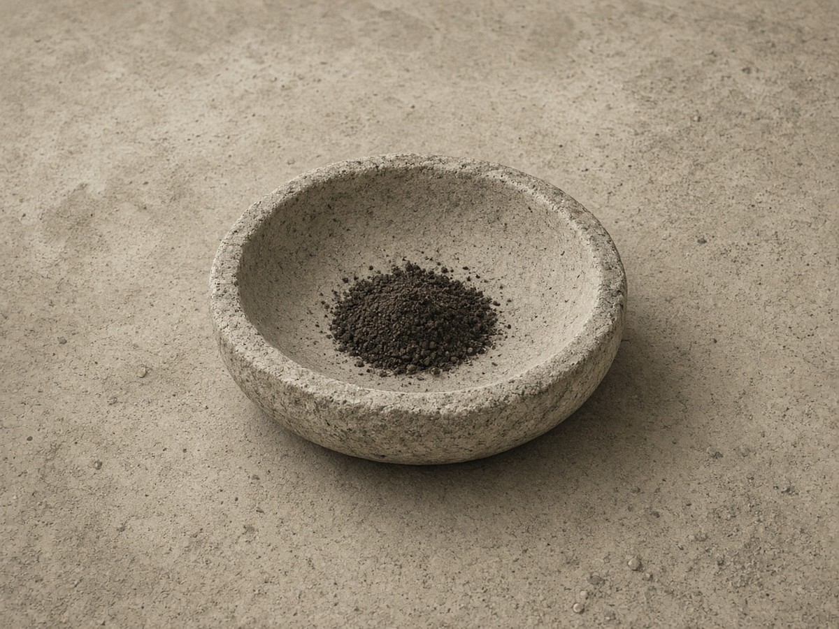 An empty stone basin receiving dark earth under quiet light — taking the nation’s dirt without display