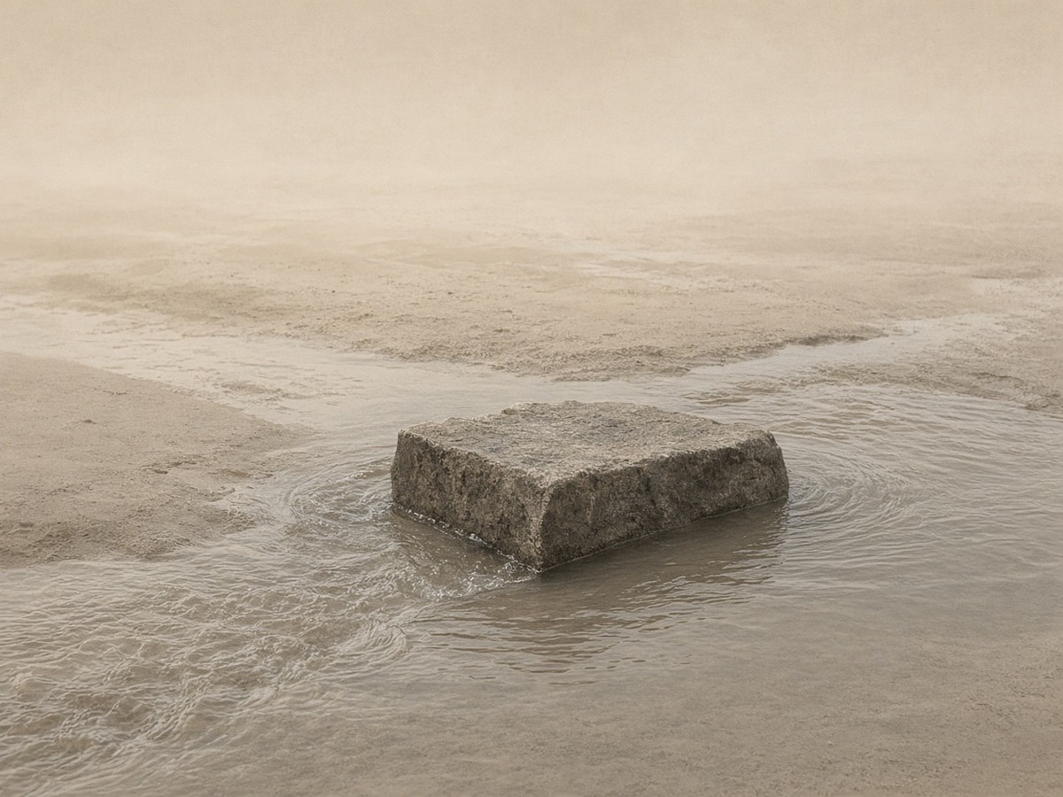 Water finding a low path around a hard block, still moving — yielding that does not quit