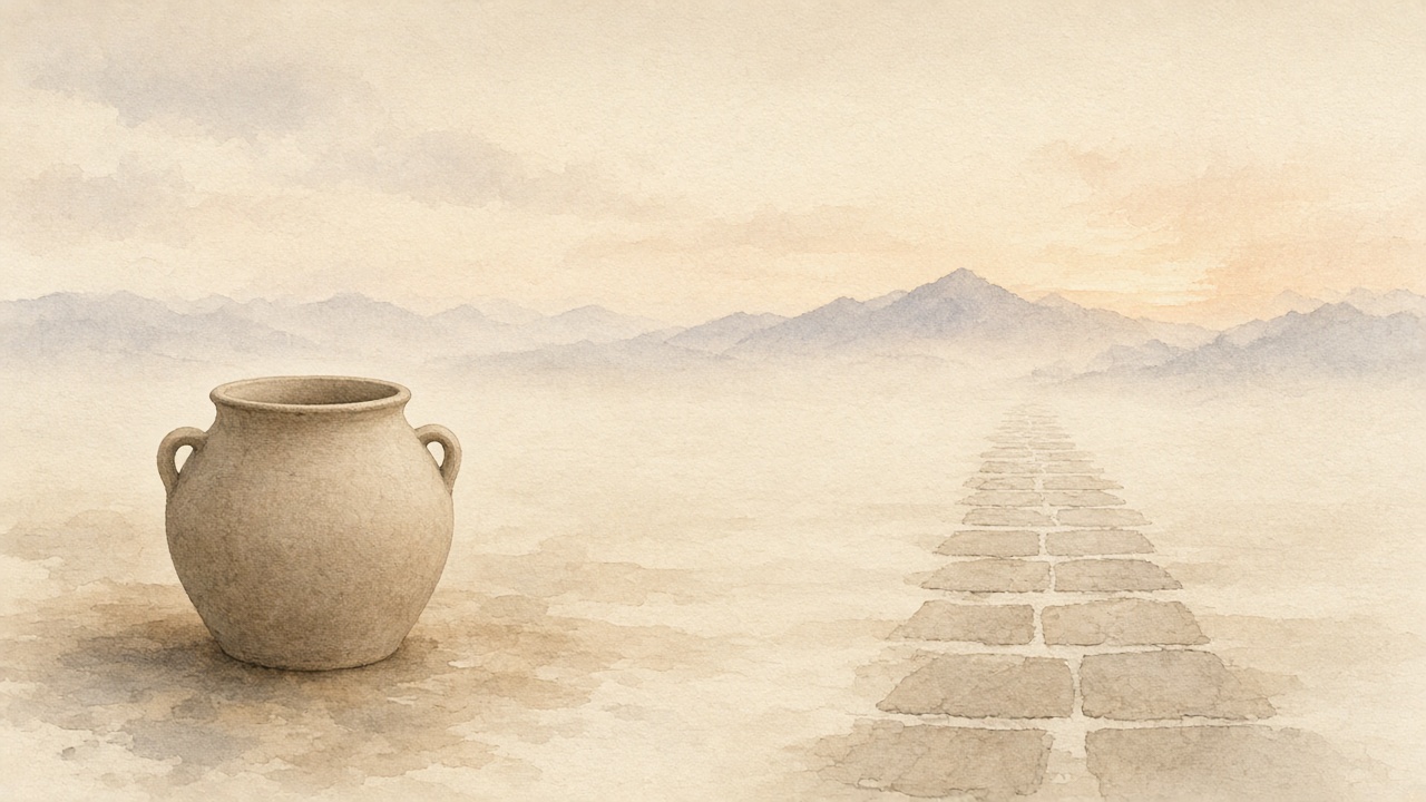 Empty vessel beside a quiet straight path — Taoist flow and Stoic discipline side by side
