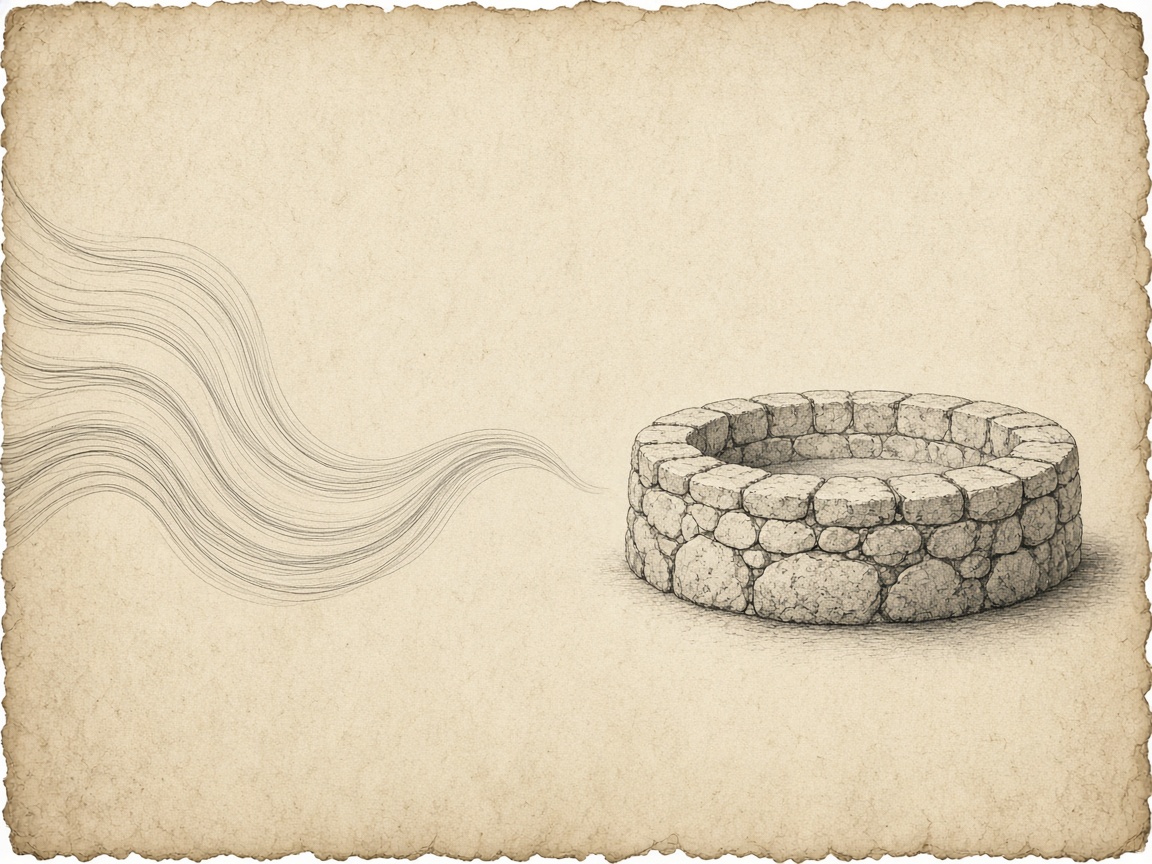 Soft water curve beside a measured stone line — flow and discipline as two responses