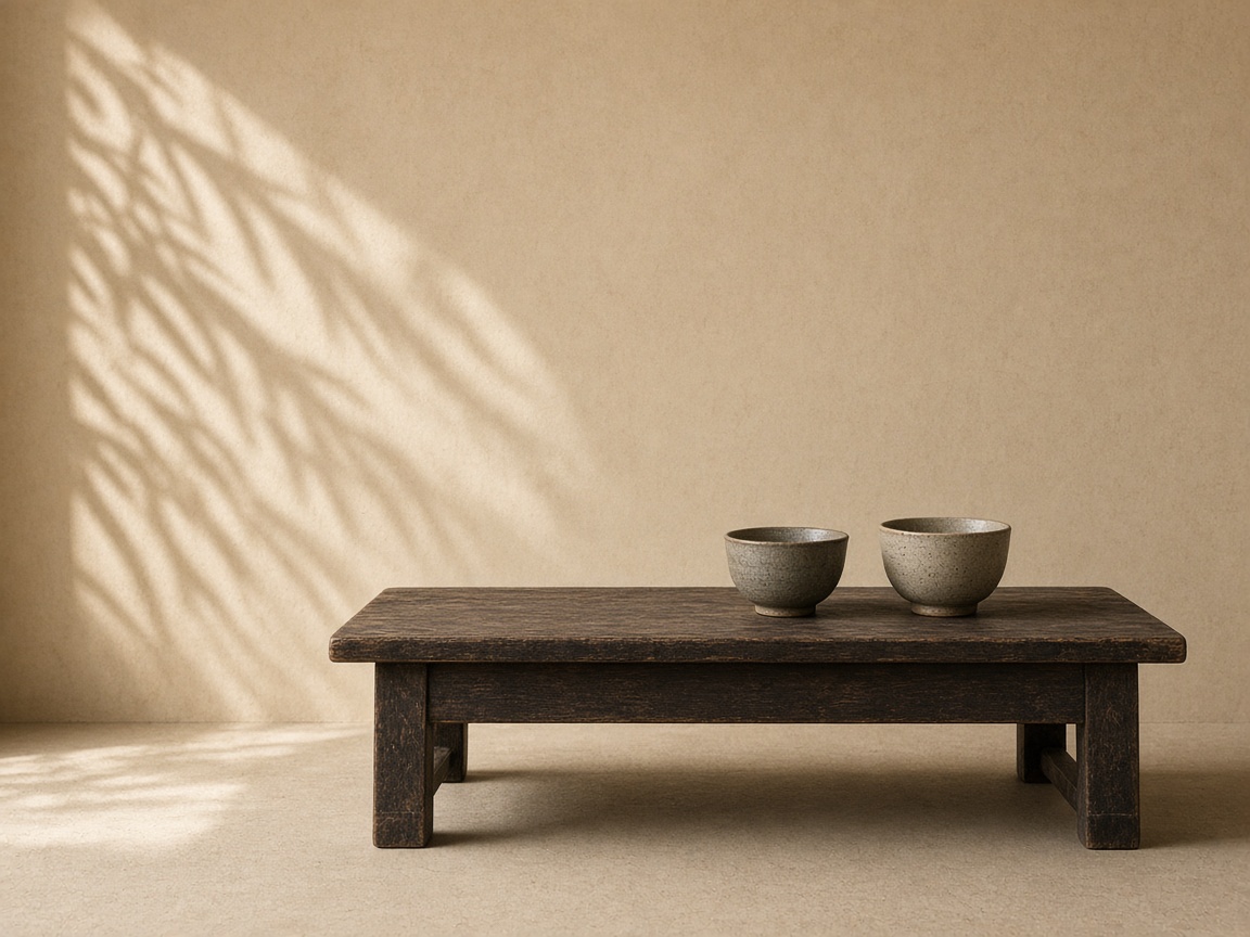 Two empty cups on one low table — two practices, one quiet morning